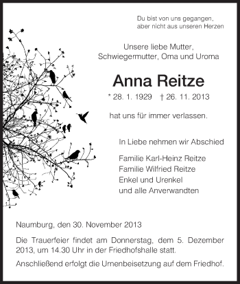 Traueranzeige von Anna Reitze von HNA