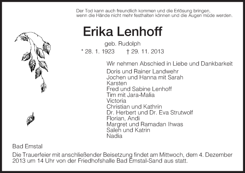  Traueranzeige für Erika Lenhoff vom 02.12.2013 aus HNA