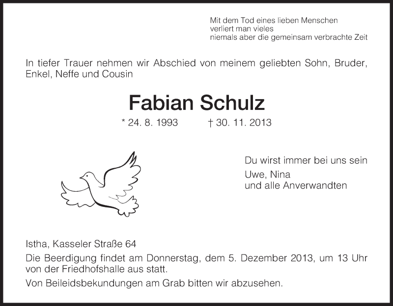  Traueranzeige für Fabian Schulz vom 02.12.2013 aus HNA