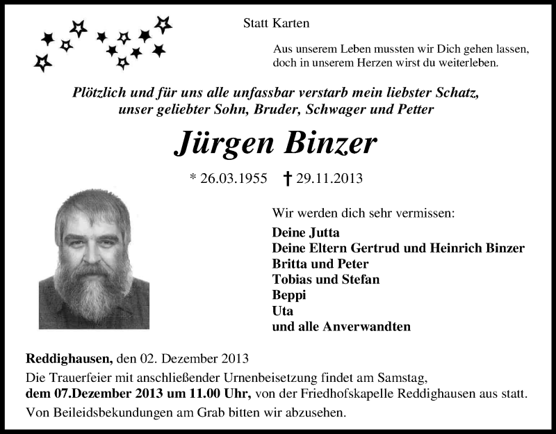  Traueranzeige für Jürgen Binzer vom 02.12.2013 aus HNA