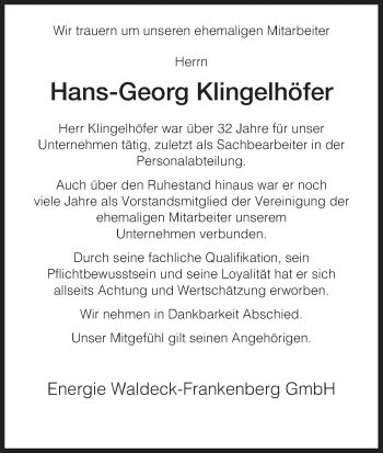 Traueranzeige von Hans-Georg Klingelhöfer von HNA