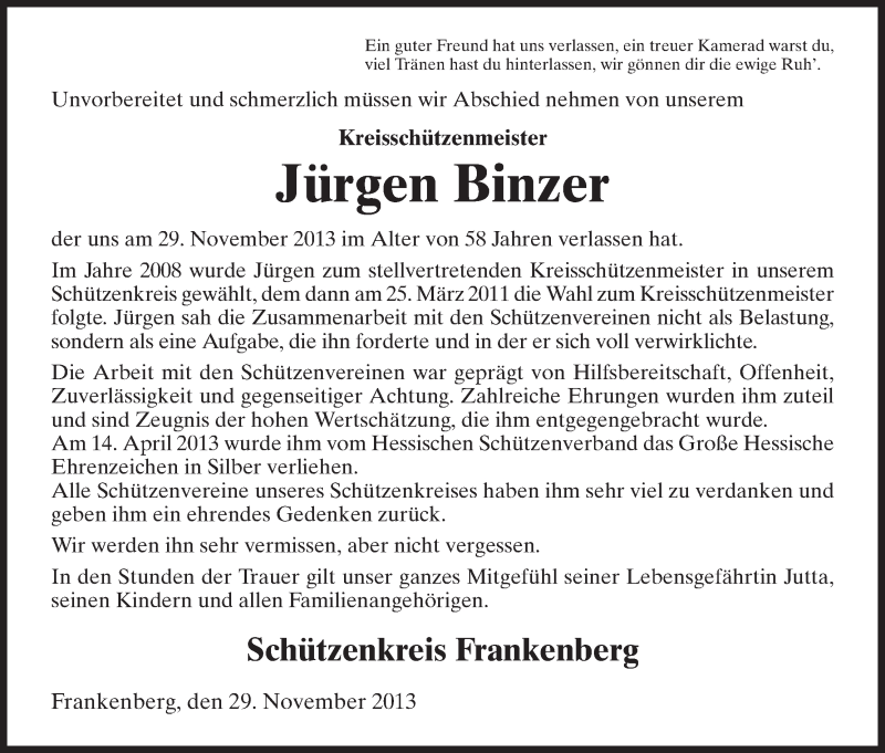  Traueranzeige für Jürgen Binzer vom 03.12.2013 aus HNA
