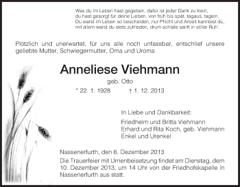 Traueranzeige von Anneliese Viehmann von HNA