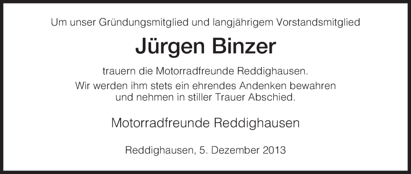  Traueranzeige für Jürgen Binzer vom 05.12.2013 aus HNA