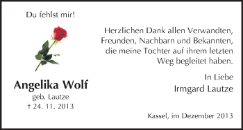 Traueranzeige von Angelika Wolf von HNA