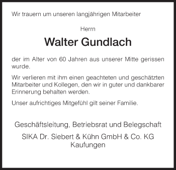 Traueranzeige von Walter Gundlach von HNA