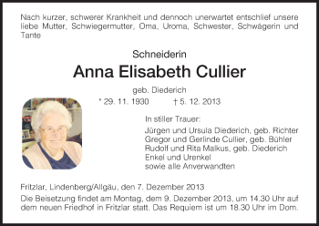 Traueranzeige von Anna Elisabeth Cullier von HNA