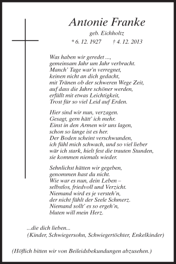 Traueranzeige von Antonie Franke von HNA
