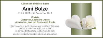 Traueranzeige von Anni Bolze von HNA