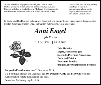 Traueranzeige von Anni Engel von HNA
