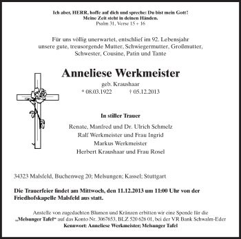 Traueranzeige von Anneliese Werkmeister von HNA