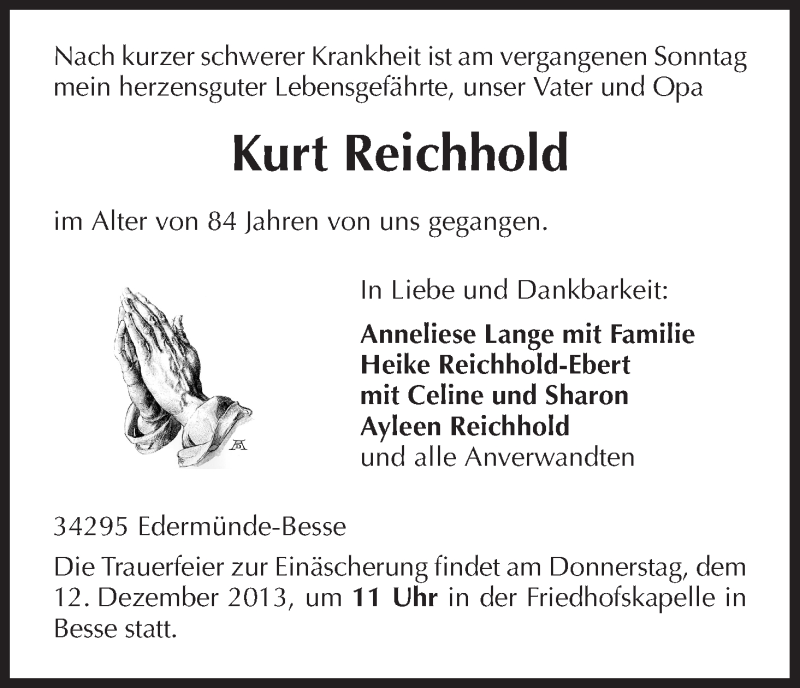  Traueranzeige für Kurt Reichhold vom 10.12.2013 aus HNA