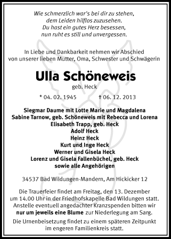 Traueranzeige von Ulla Schöneweis von HNA