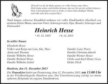 Traueranzeige von Heinrich Hesse von HNA