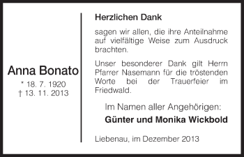 Traueranzeige von Anna Bonato von HNA