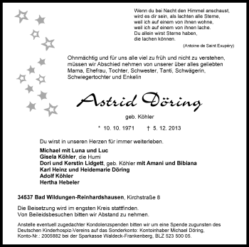 Traueranzeige von Astrid Döring von HNA