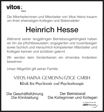 Traueranzeige von Heinrich Hesse von HNA