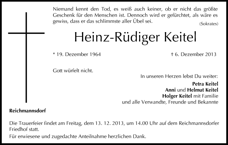  Traueranzeige für Heinz-Rüdiger Keitel vom 11.12.2013 aus HNA