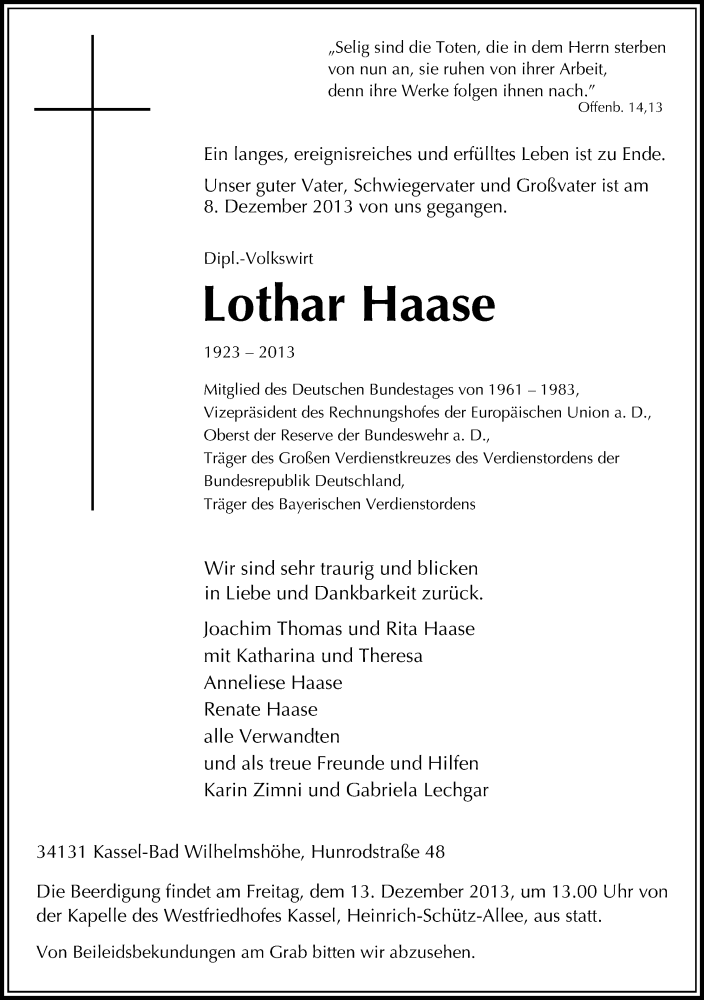  Traueranzeige für Lothar Haase vom 11.12.2013 aus HNA