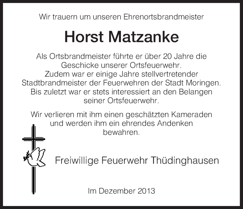  Traueranzeige für Horst Matzanke vom 11.12.2013 aus HNA