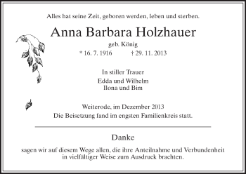 Traueranzeige von Anna Barbara Holzhauer von HNA