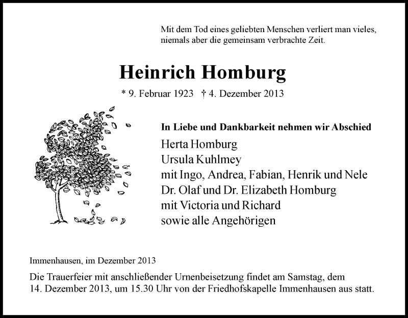  Traueranzeige für Heinrich Homburg vom 11.12.2013 aus HNA