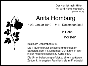 Traueranzeige von Anita Homburg von HNA