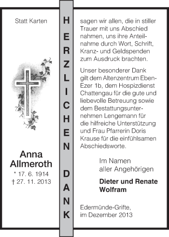 Traueranzeige von Anna Allmeroth von HNA