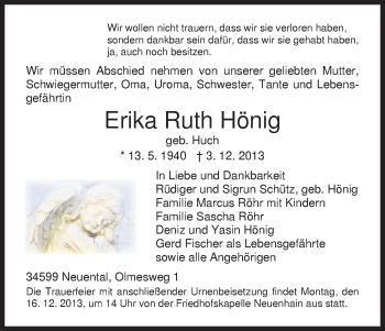 Traueranzeige von Erika Ruth Hönig von HNA