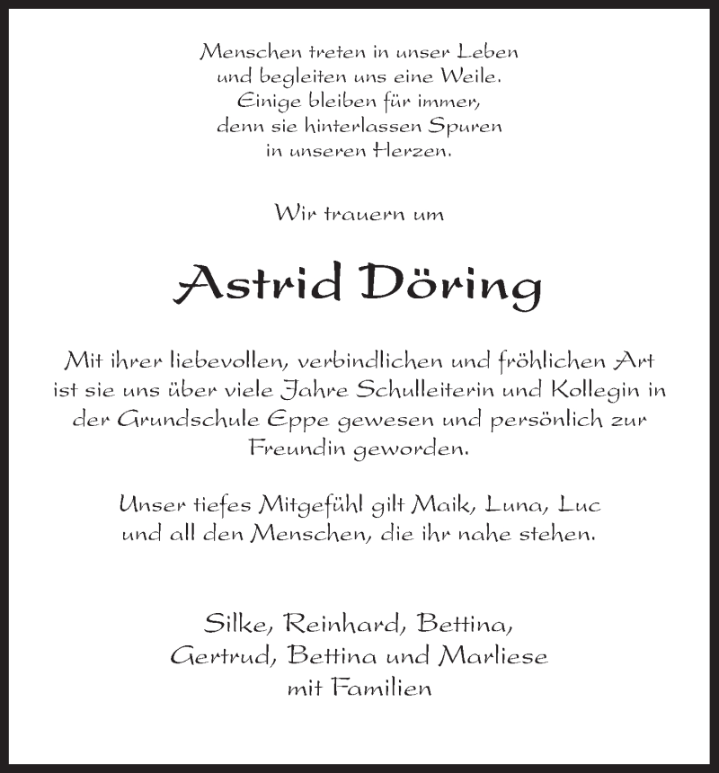  Traueranzeige für Astrid Döring vom 13.12.2013 aus HNA