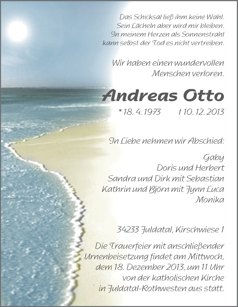  Traueranzeige für Andreas Otto vom 14.12.2013 aus HNA