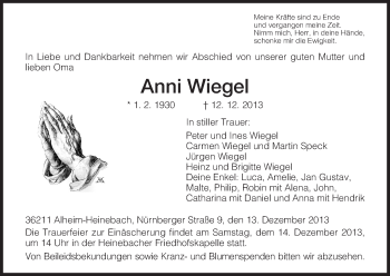 Traueranzeige von Anni Wiegel von HNA