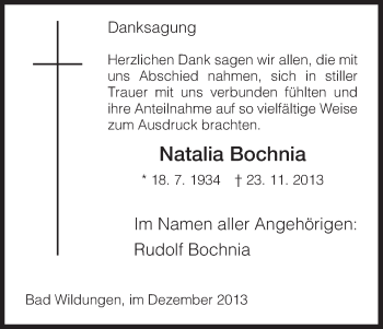 Traueranzeige von Natalia Bochnia von HNA