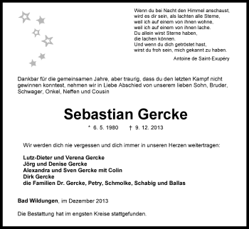 Traueranzeige von Sebastian Gercke von HNA