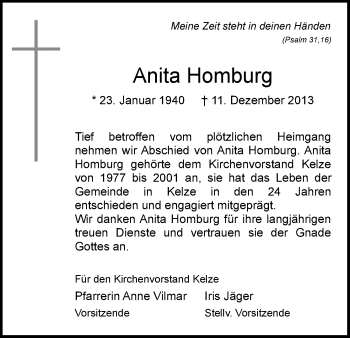Traueranzeige von Anita Homburg von HNA