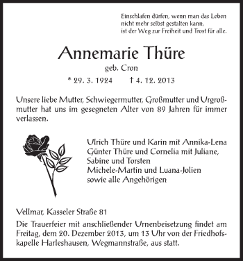 Traueranzeige von Annemarie Thüre von HNA