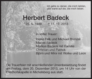 Traueranzeige von Herbert Badeck von HNA