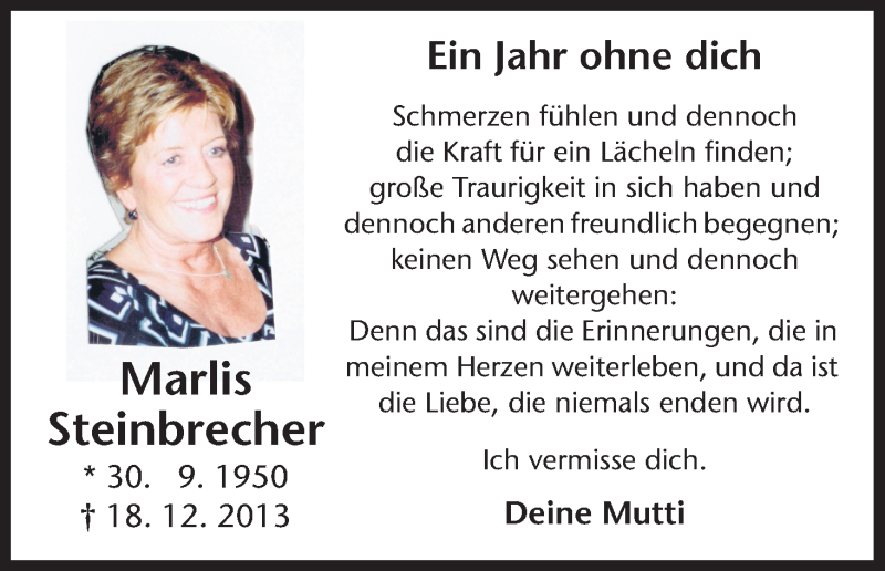  Traueranzeige für Marlis Steinbrecher vom 18.12.2013 aus HNA