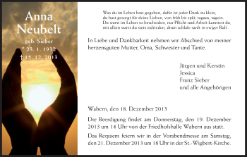 Traueranzeige von Anna Neubelt von HNA