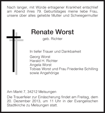 Traueranzeige von Renate Worst von HNA