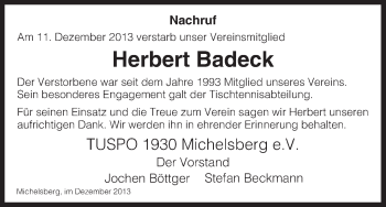 Traueranzeige von Herbert Badeck von HNA