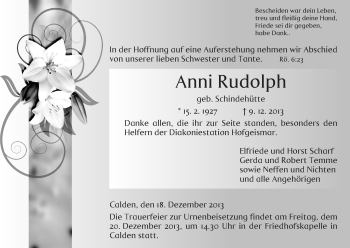 Traueranzeige von Anni Rudolph von HNA