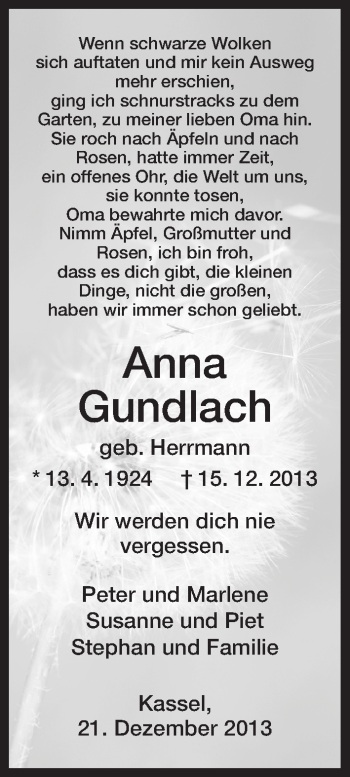 Traueranzeige von Anna Gundlach von HNA