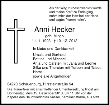 Traueranzeige von Anni Hecker von HNA