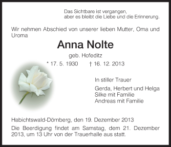 Traueranzeige von Anna Nolte von HNA