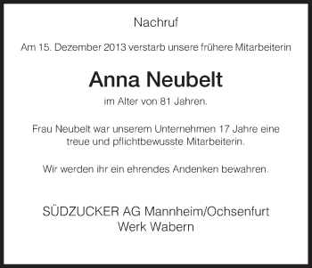 Traueranzeige von Anna Neubelt von HNA