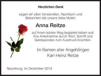 Traueranzeige von Anna Reitze von HNA