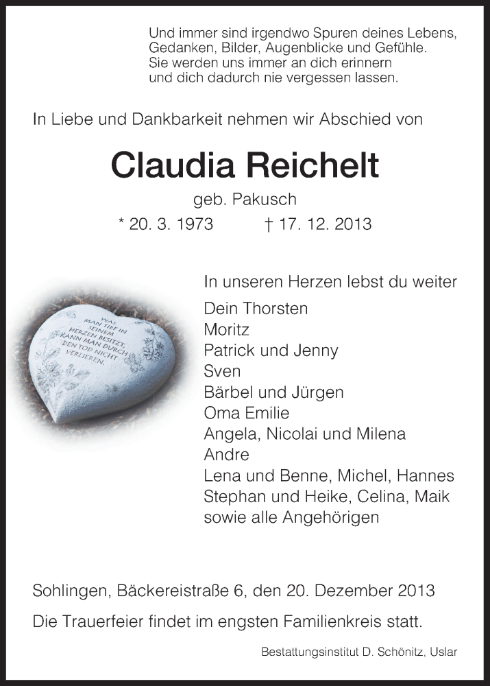  Traueranzeige für Claudia Reichelt vom 20.12.2013 aus HNA
