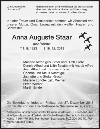 Traueranzeige von Anna Auguste Staar von HNA