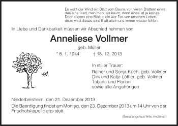 Traueranzeige von Anneliese Vollmer von HNA